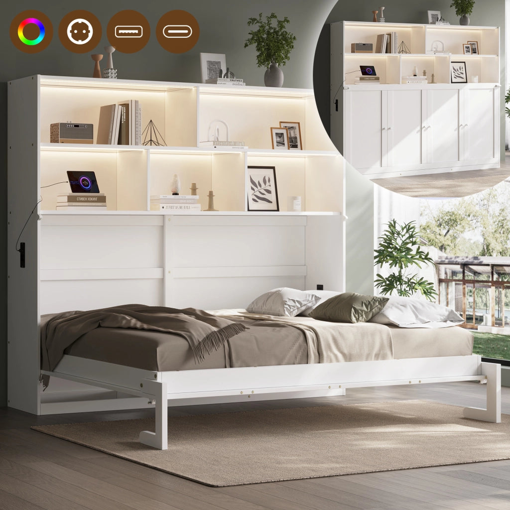 Letto a scomparsa 90x200 cm con LED; USB e vani portaoggetti; struttura in legno bianco salvaspazio; bianco