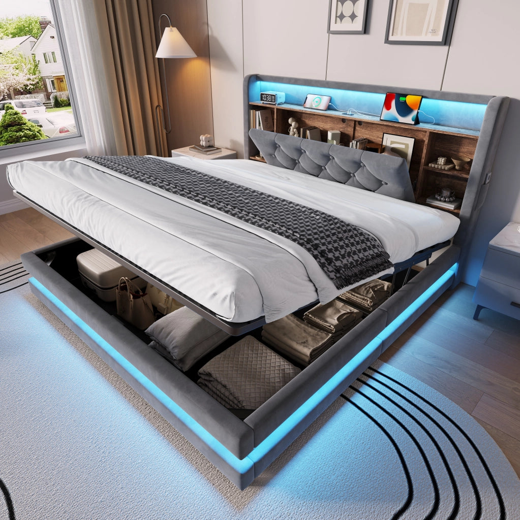 Letto imbottito 140x200 cm grigio scuro con LED e USB
