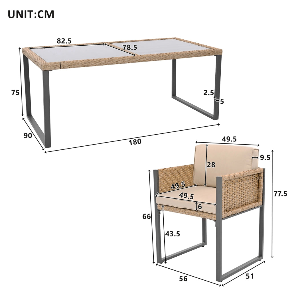 Set pranzo polyrattan 6 persone: poltrone; tessuto sfoderabile lavabile; marrone