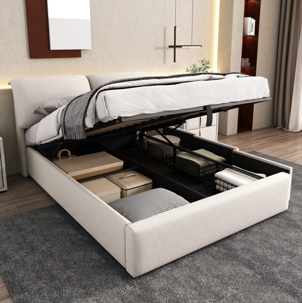 Letto imbottito 140x200 cm con contenitore; 3 cassetti; testiera; velluto beige