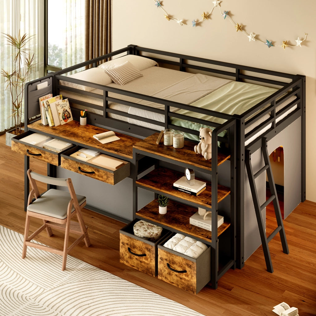 Letto a soppalco 140x200 cm con scrivania integrata; scaffali e cassetti; metallo nero