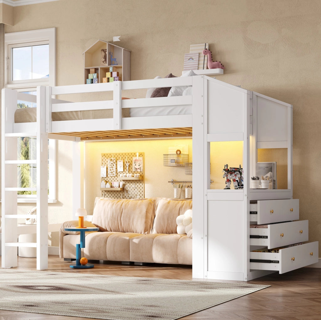 Letto a soppalco 90x200 cm con 3 cassetti; ripiani e LED; bianco