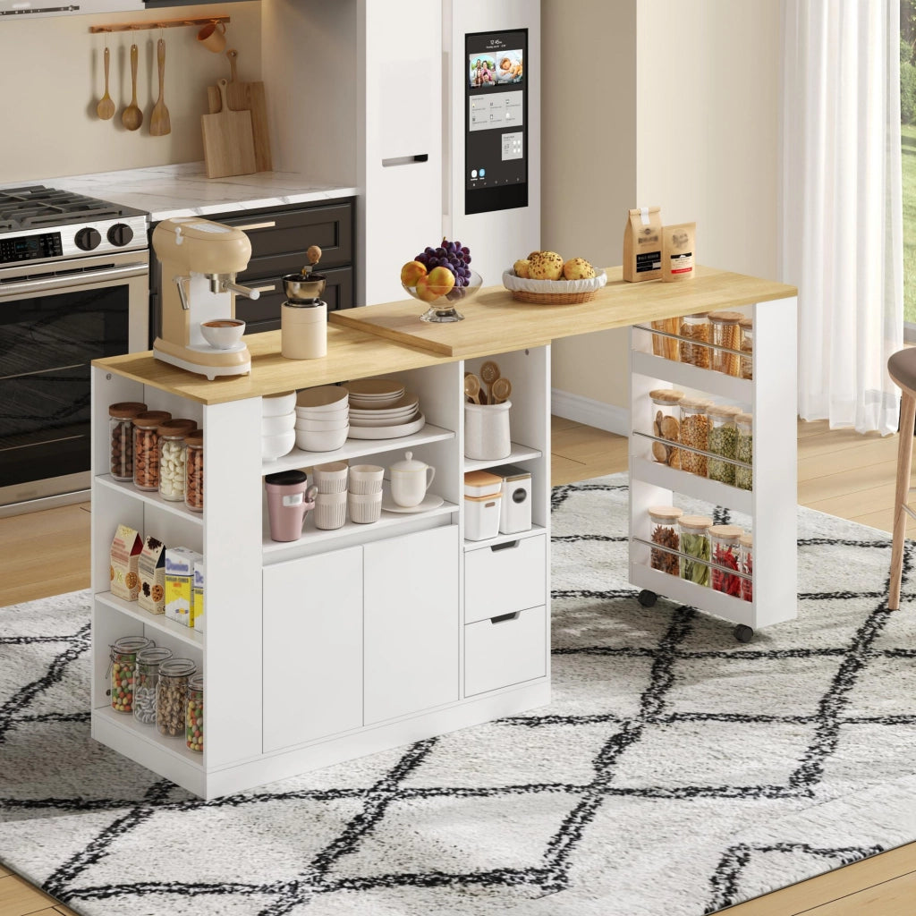 Mobile isola cucina con piano girevole estraibile due cassetti ripiano a tre livelli MDF bianco naturale 115 × 50 × 92 cm