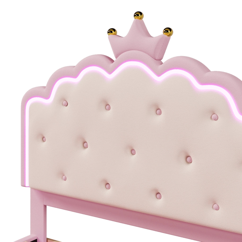 OKWISH Letto Bambini 140×200 cm, Letto Singolo con LED Regolabile, Telecomando e App, senza Materasso, in PU, Rosa