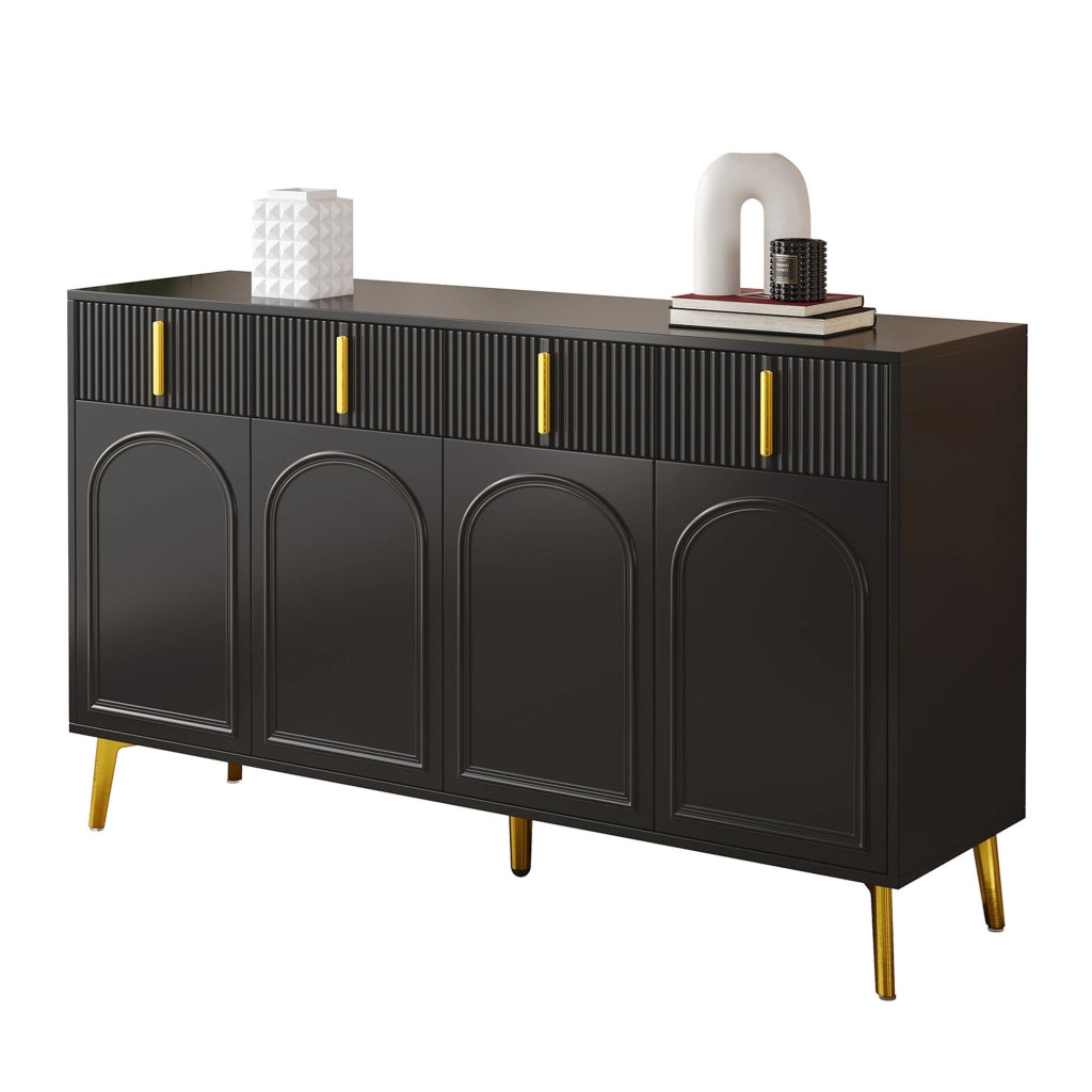Credenza nera 140 cm con 4 ante, 4 cassetti e dettagli dorati
