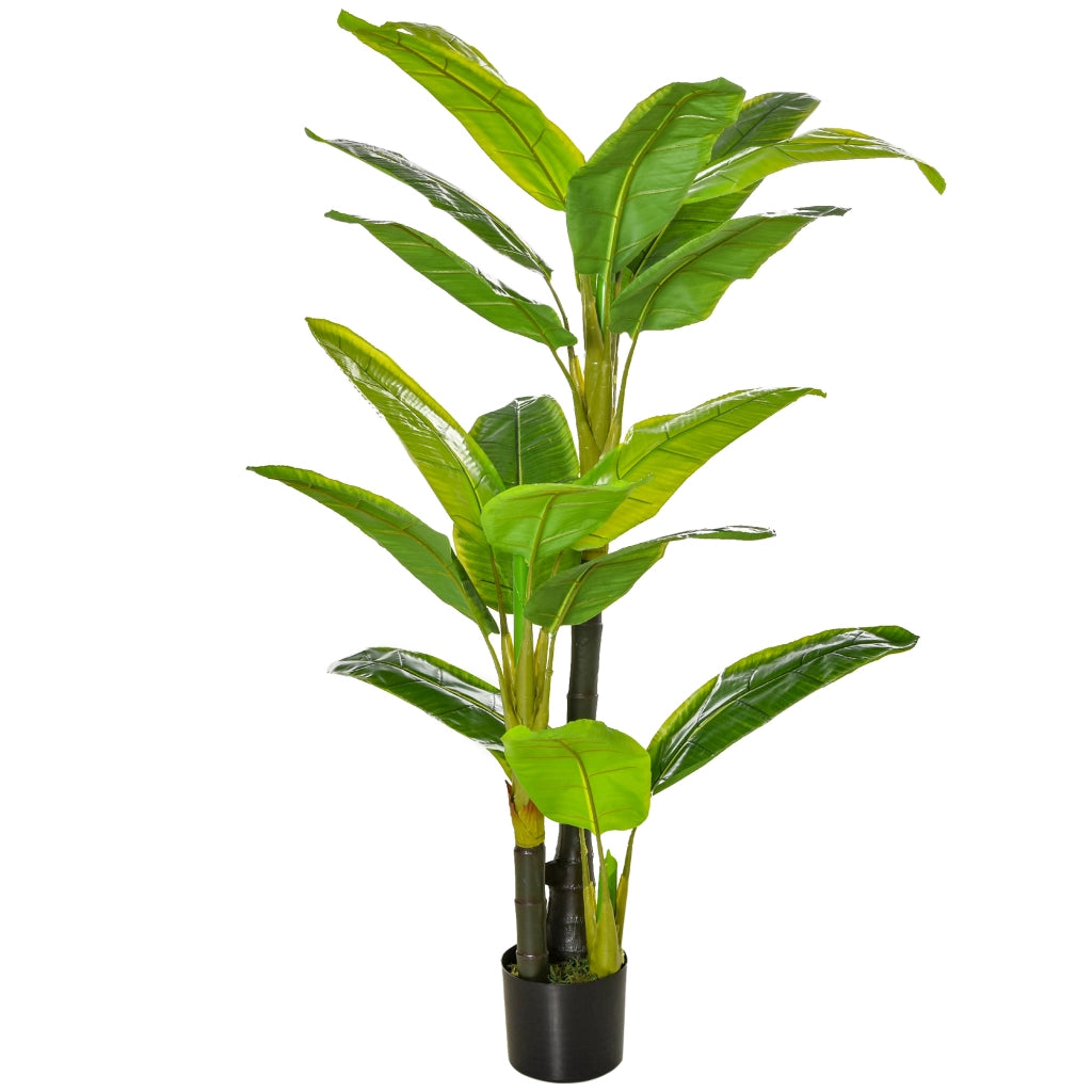 Pianta artificiale di banano 150 cm con 18 foglie vaso nero con erba e base in cemento per interni ed esterni