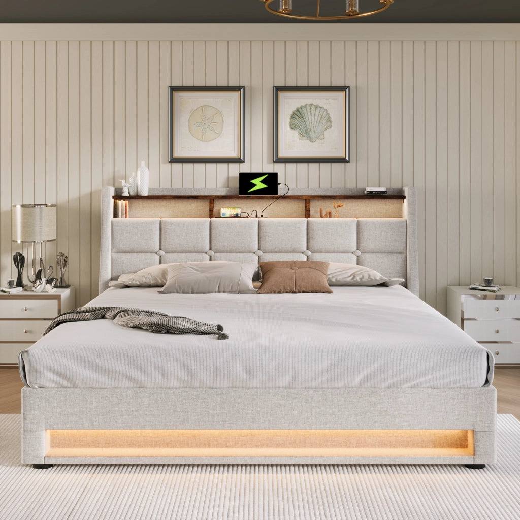 Letto contenitore 160 × 200 cm con LED e USB testiera imbottita rivestito in lino beige chiaro con rete a doghe