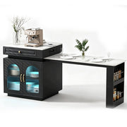 Isola Cucina Mobile con Ruote 128-200x71x92 cm; Tavolo Estensibile con LED; Prese Elettriche; Vetrine e Cassetto; Nero