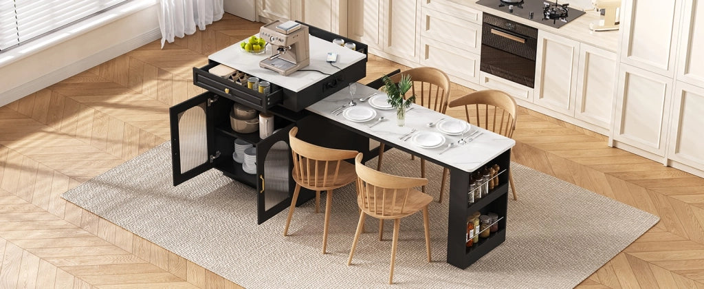 Isola Cucina Mobile con Ruote 128-200x71x92 cm; Tavolo Estensibile con LED; Prese Elettriche; Vetrine e Cassetto; Nero