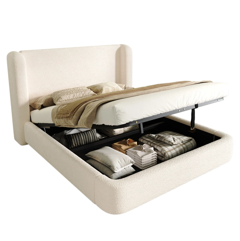 Letto matrimoniale contenitore 140x190 cm in bouclé beige con rete a doghe HOMVRA