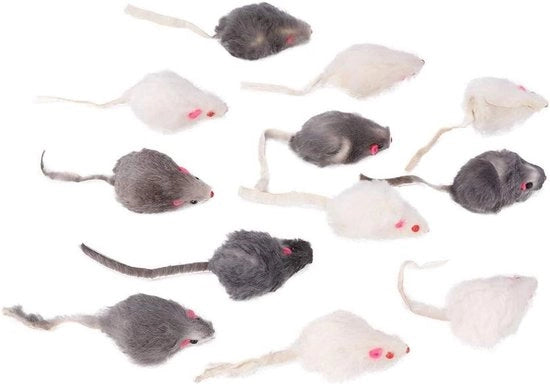 Confezione di 12 pezzi di giocattolo per gatti di piccola taglia con suono, in materiale morbido grigio/bianco