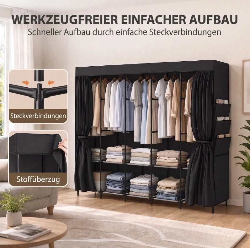 Armadio in tessuto nero con 5 bastoni appendiabiti e 5 ripiani, 212 x 45 x 167 cm, salvaspazio e portatile