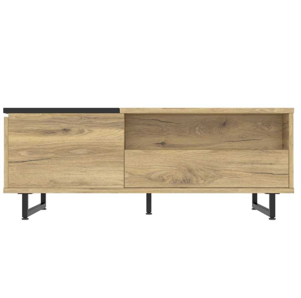Tavolino da soggiorno multifunzionale con piano regolabile in altezza, LED integrato e ampio spazio contenitivo, struttura in metallo, finitura legno e nero, 103,5x50x27,5 cm