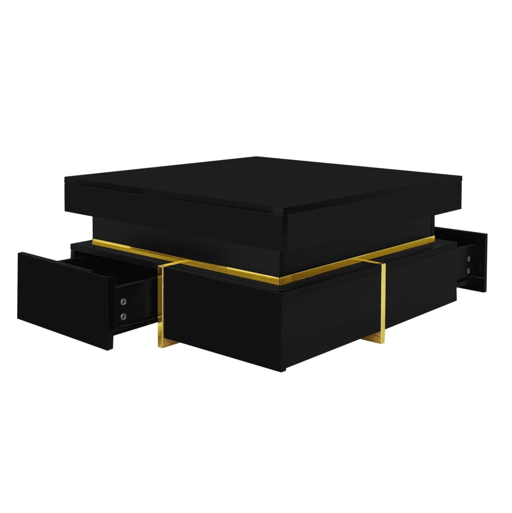 Tavolino da salotto nero lucido 70x70 cm con 2 cassetti e dettagli dorati