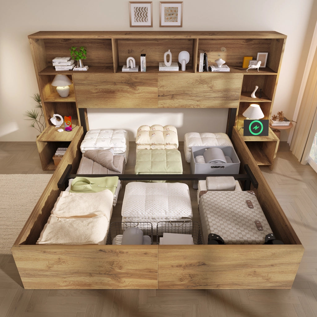 Letto matrimoniale 160x200 cm con materasso; LED; USB-A e USB-C; vano contenitore idraulico; rovere