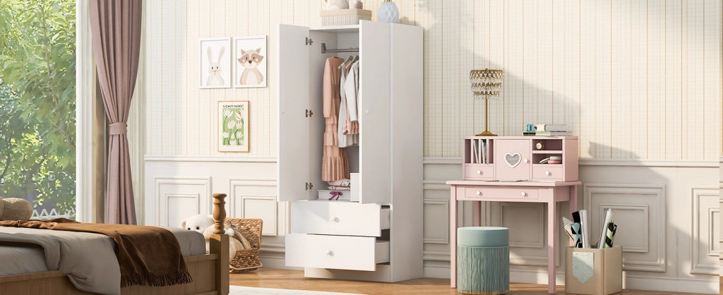 Armadio Singolo 70x40x170 cm con Due Cassetti, Design a Blocchi di Colore, Rosa e Bianco