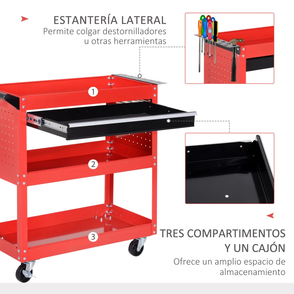 Carrello per Attrezzi con 3 Vassoie e Cassetto ¨C Zephmum ¨C Rosso