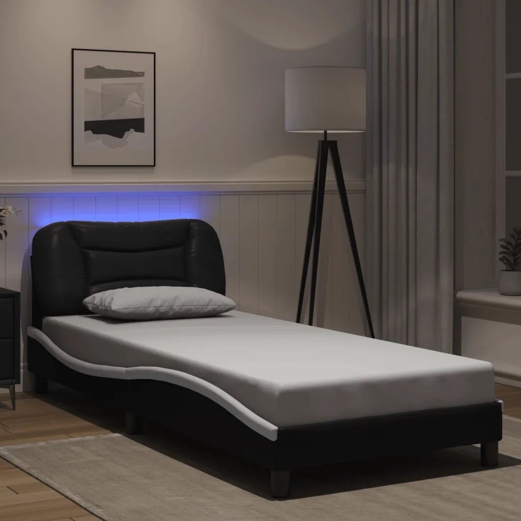 Letto singolo | Letto per adulti | Giroletto con LED senza Materasso Hvar Nero e Bianco 90x190 cm