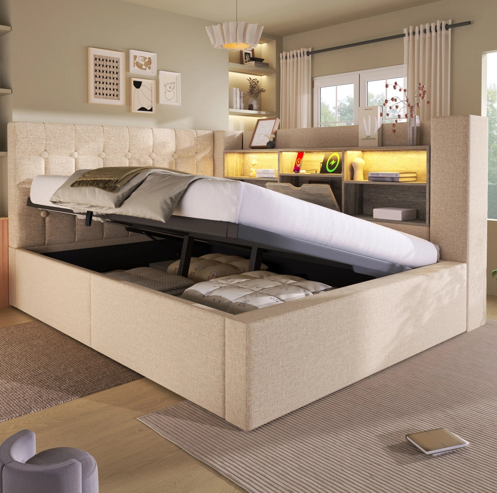 Letto imbottito 140x200 cm beige con LED, prese USB, contenitore idraulico e testiera reversibile