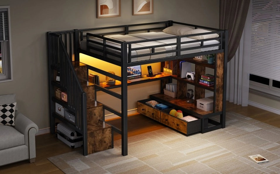 Letto a soppalco ULEVR 140x200 cm con scrivania, libreria, 2 cassetti, scala contenitore e LED, nero