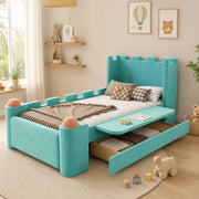 Letto singolo 90 × 200 cm con cassetto estraibile e ripiano laterale pieghevole in velluto francese blu verde