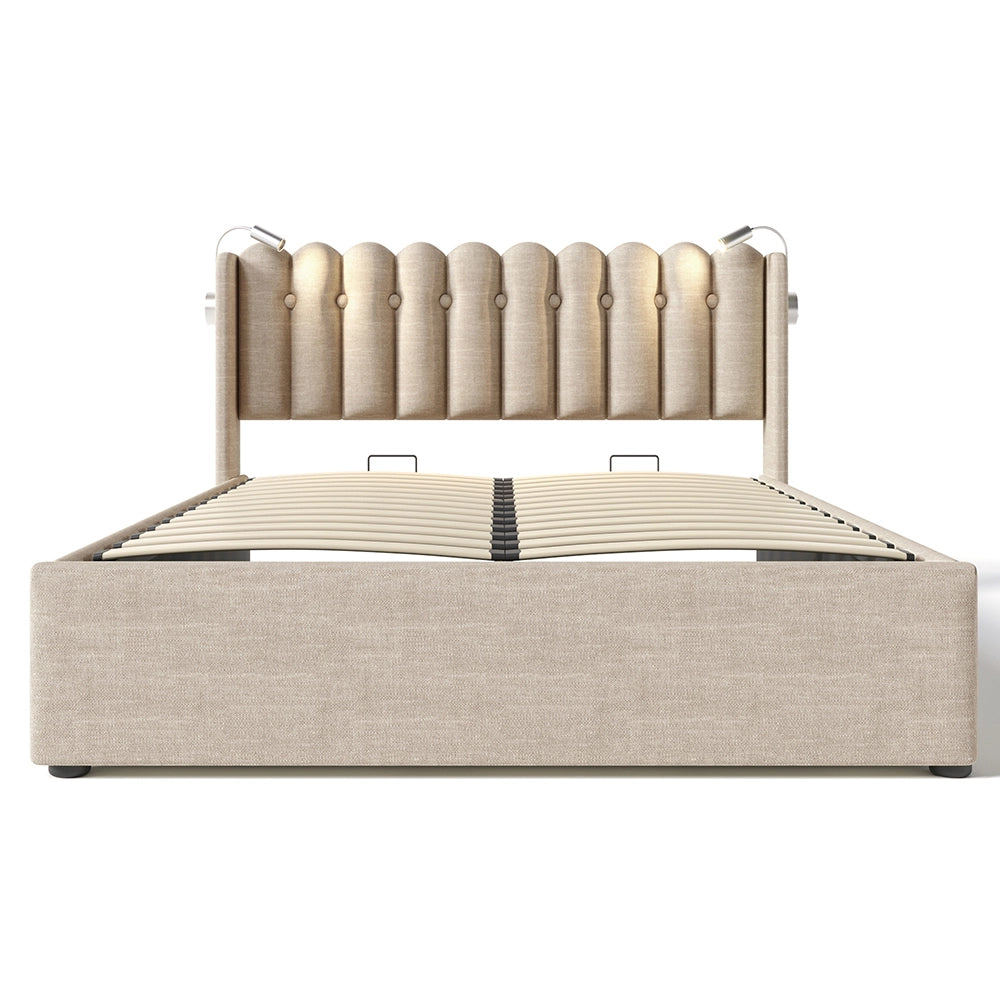 Lit coffre imbottito 140x200 cm - Xylo - Funzione di carico, due luci da lettura, beige