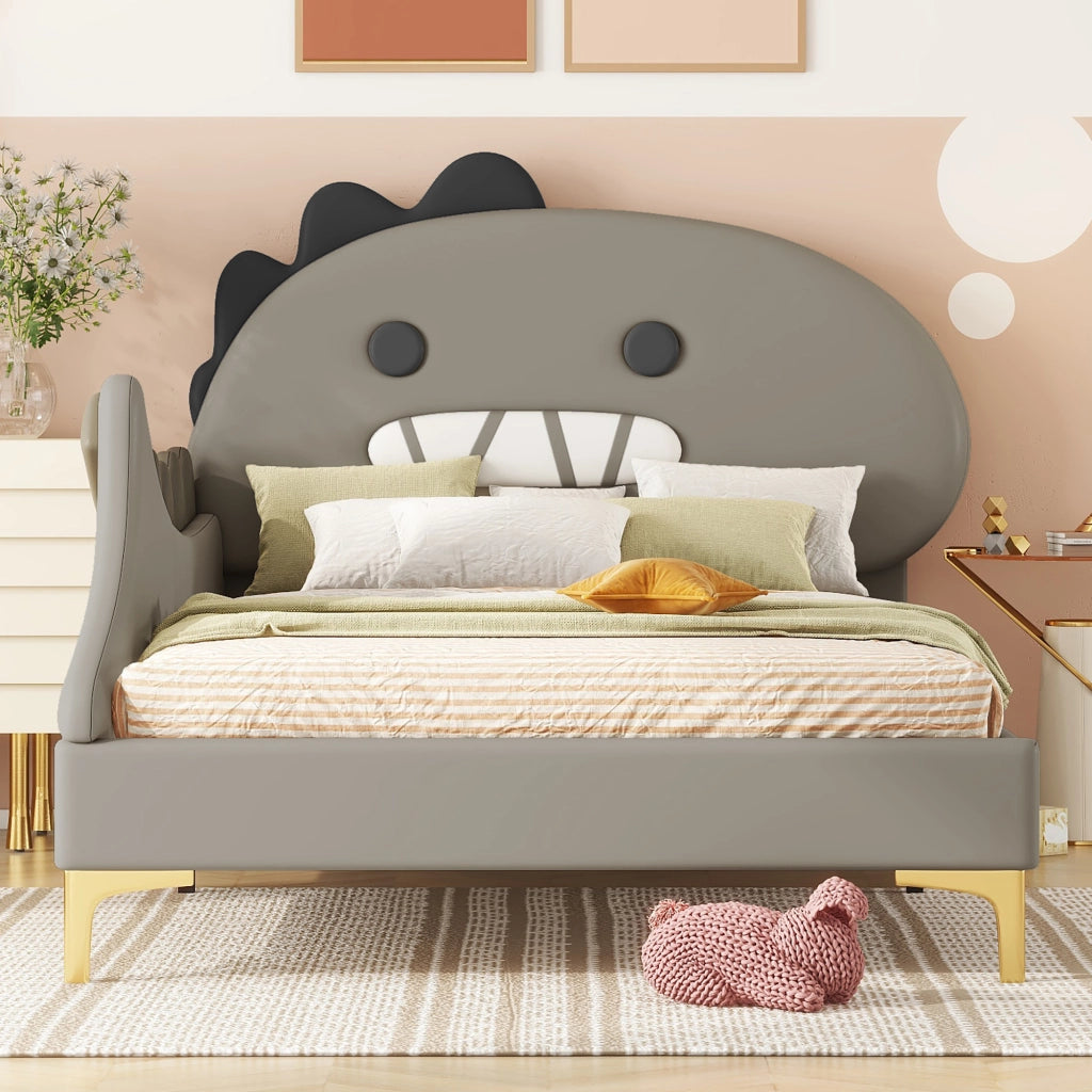 Letto singolo 90 × 200 cm con testiera a dinosauro in PU e MDF grigio