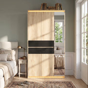 Armadio con specchio e illuminazione LED, 90x47x200 cm, antracite-rovere, 2 appendini, 4 cassetti, 9 vani, ante battenti