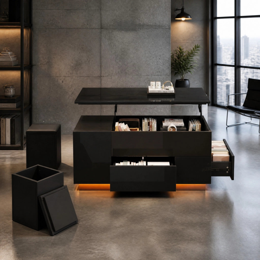 Tavolino basso alzabile con LED; 2 cassetti e 2 sgabelli contenitore in truciolare nero 100 × 50 × 45 cm