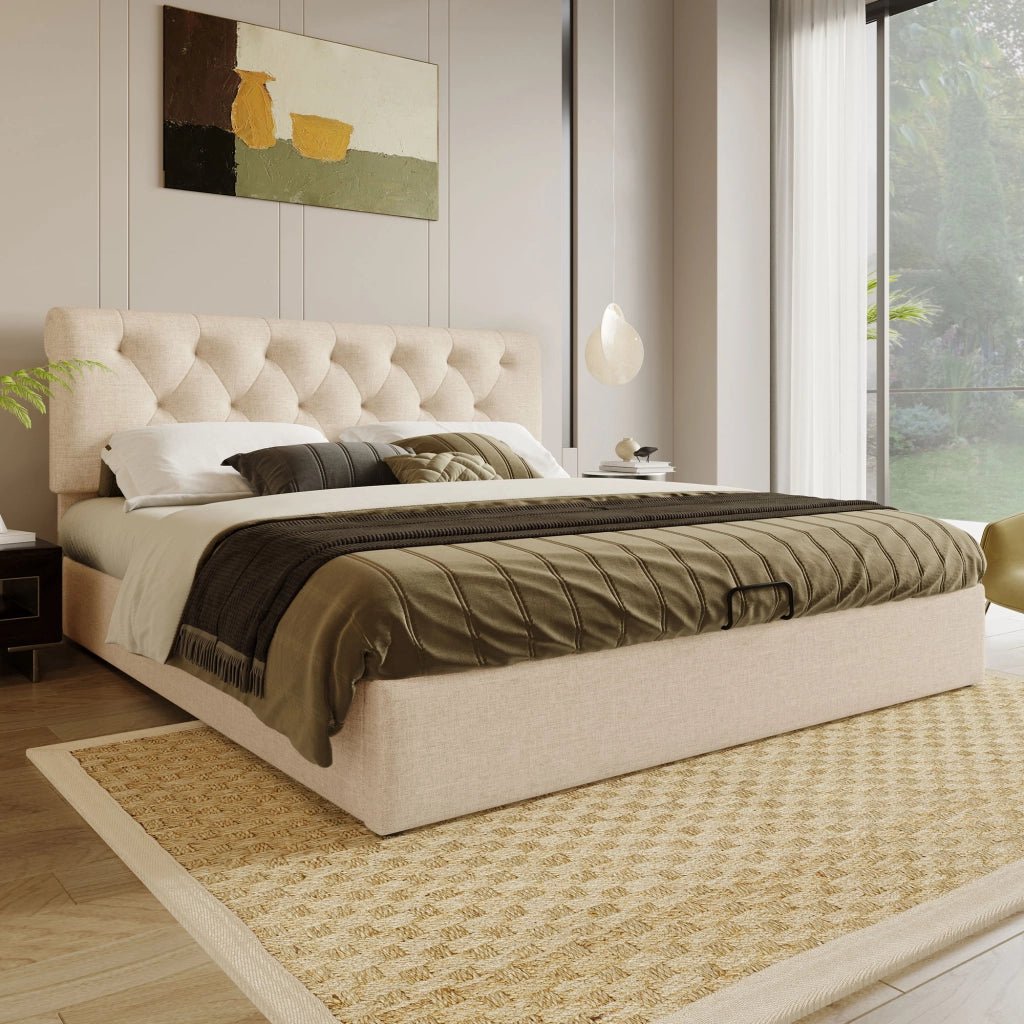 Letto con contenitore 160 × 200 cm con materasso a molle; testiera regolabile e rete a doghe in lino naturale