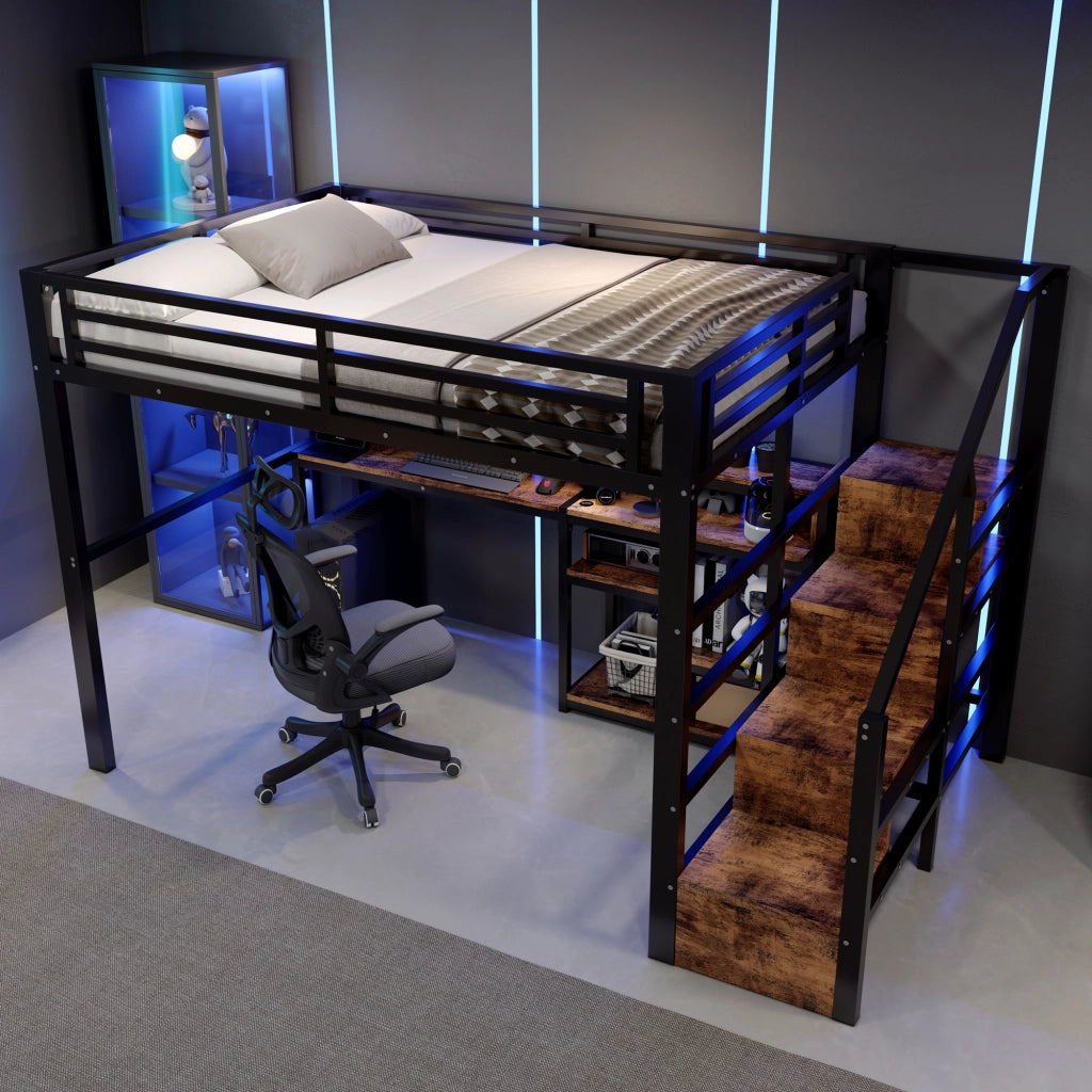 Letto a soppalco 140 × 200 cm in metallo e MDF nero con armadio scala ripiani LED USB e Type-C