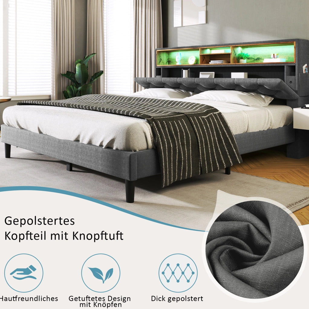 Letto imbottito grigio 140 x 200 cm con testiera contenitore e LED