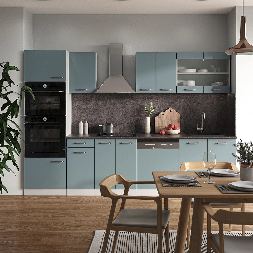Vicco Cucina componibile Grigio-blu 300 cm con armadio alto, senza piano di lavoro
