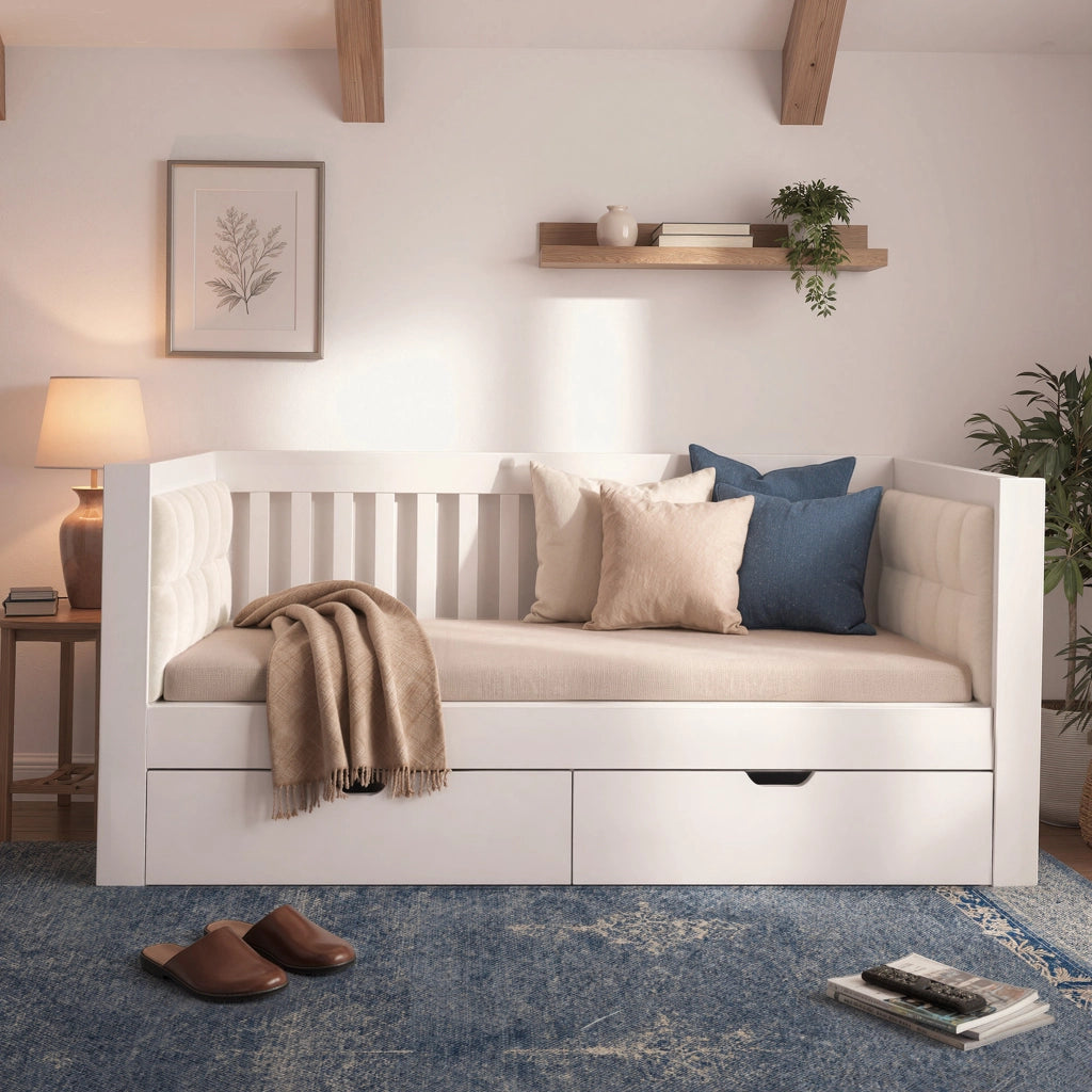 Divano letto 90 x 190 cm con contenitori, letto singolo in pino massello bianco con 2 cassetti su ruote, schienale 3 lati e braccioli arrotondati