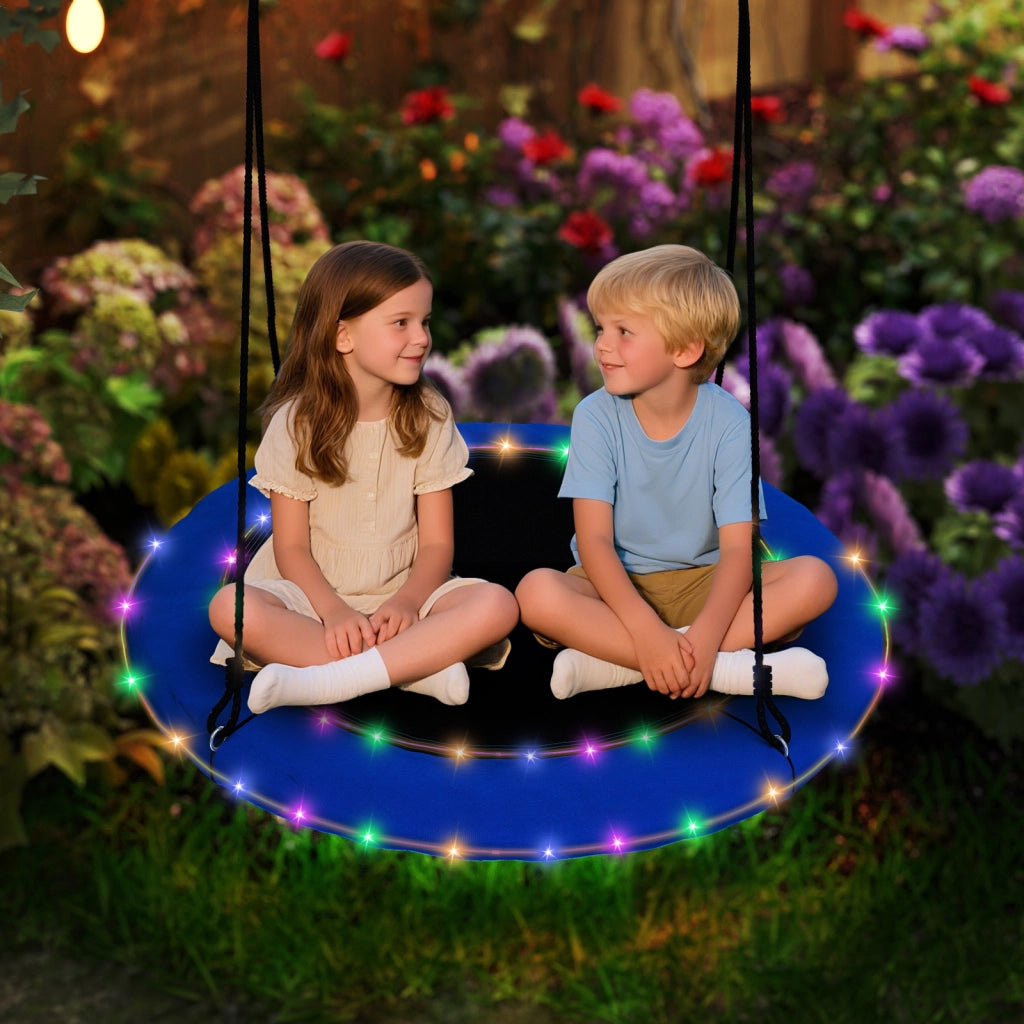 Altalena a nido 100cm con luci LED 2 funi regolabili per bambini, Altalena rotonda portata 300kg da esterno Blu scuro