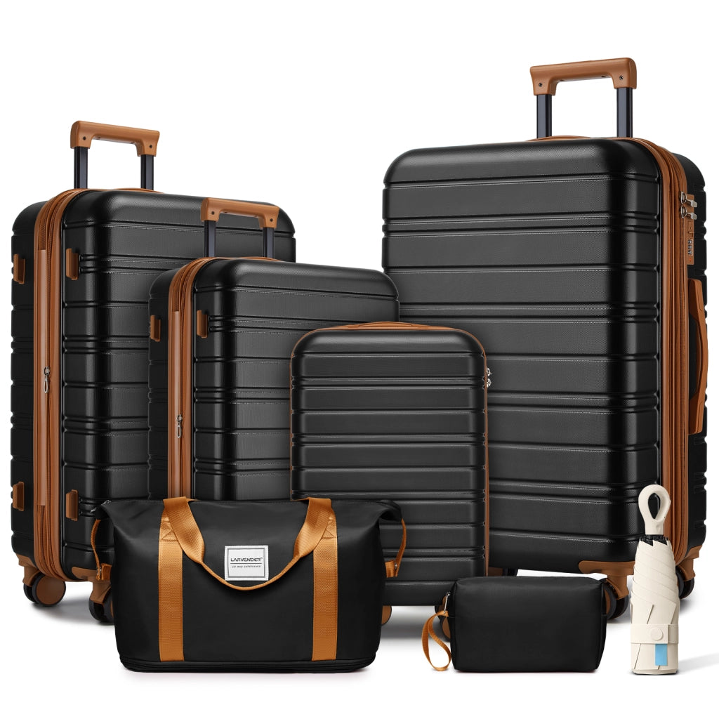 Set di valigie espandibili con tre trolley rigidi; borsa weekender e beauty case; nero; ruote girevoli e lucchetto