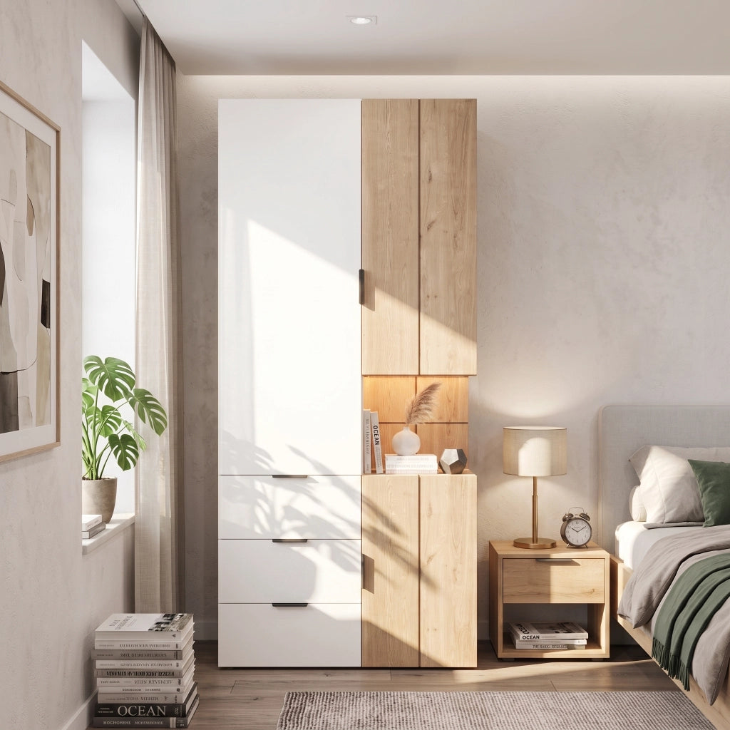 Armadio con 4 cassetti illuminazione LED e vano gioielli in MDF bianco effetto rovere 90 × 49 × 200 cm