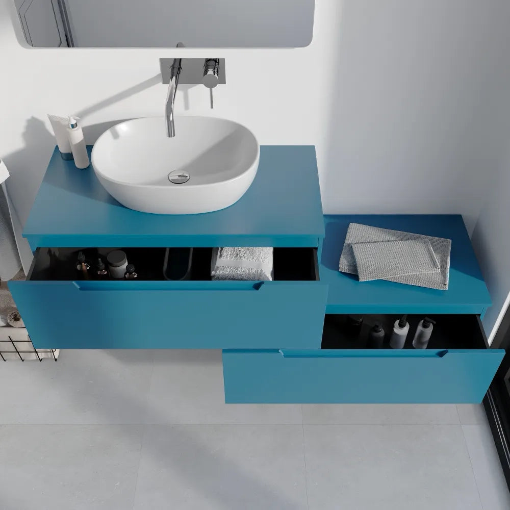 Mobile bagno sospeso modulare 90cm dusk blue opaco due cassetti con top | Bako