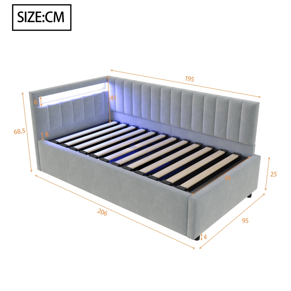 Letto singolo imbottito 90 × 200 cm con LED vano contenitore idraulico velluto grigio rete a doghe