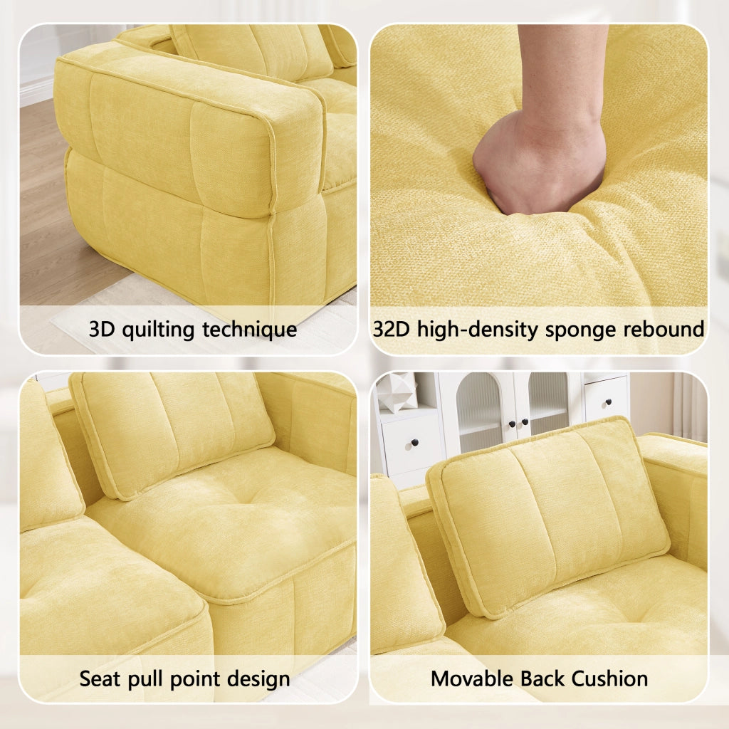 Divano angolare modulare a 3 posti con pouf in poliestere giallo con seduta profonda e base antiscivolo