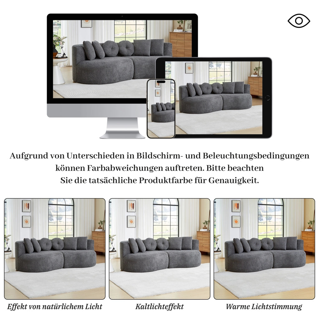 Divano modulare a 2 elementi curvo in chenille grigio con schienale continuo e 6 cuscini assortiti