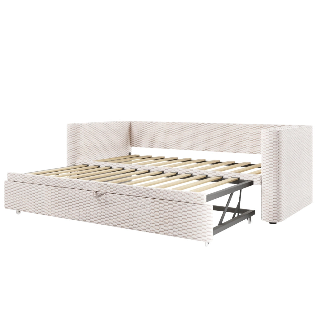 Letto estraibile 90x200 cm trasformabile in letto matrimoniale 180x200 cm in velluto beige con LED HOMVRA
