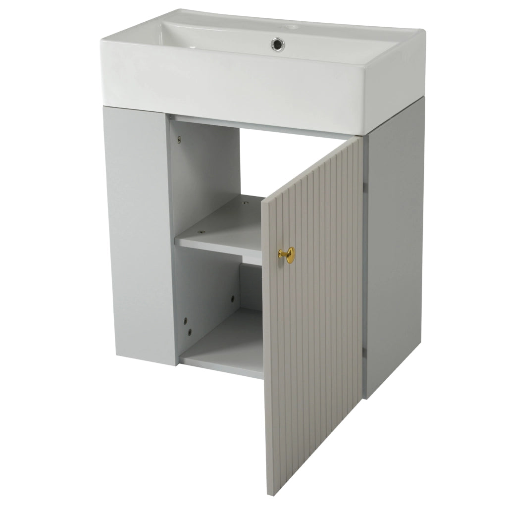 Mobile bagno compatto con lavabo in ceramica grigio e bianco