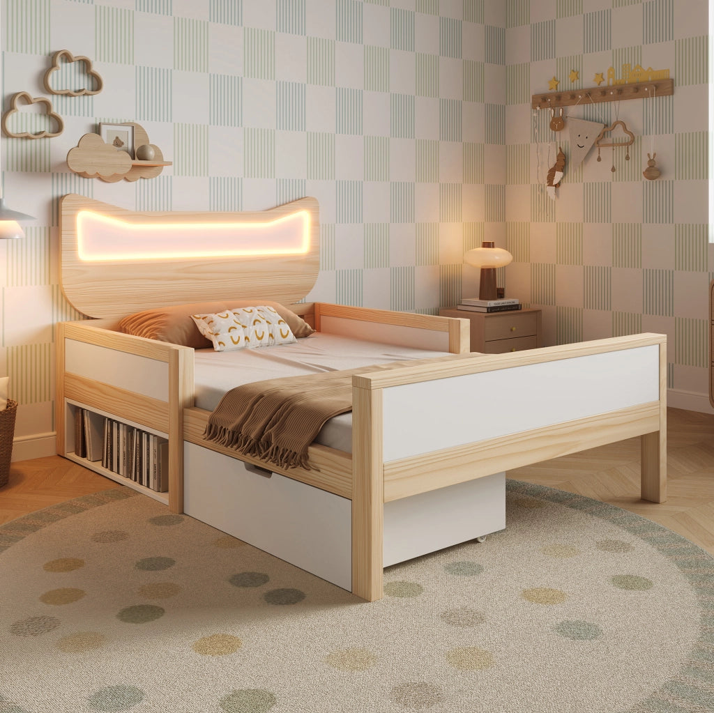 Letto per bambini 90x190 cm con testiera a orecchie di gatto, illuminazione LED RGB, doghe e cassetto flessibile montabile a sinistra o destra, bianco e rovere, senza materasso