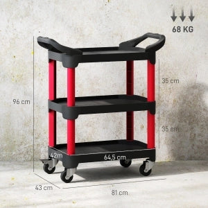 Carrello Portautensili 81x43x96 cm Nero in Plastica a 3 Livelli con 4 Ruote e Portata 68 kg