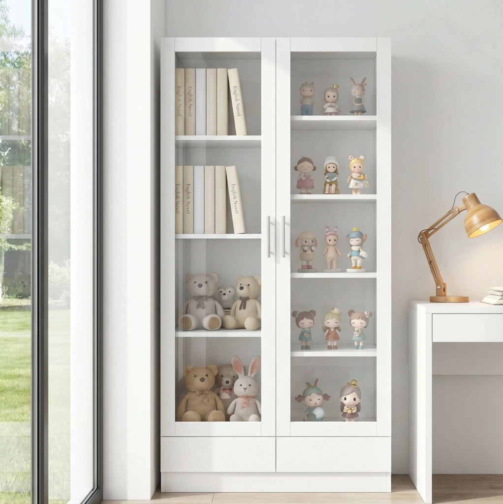 Vetrina 80x40x160 cm in MDF e vetro bianco con 2 cassetti e ripiani