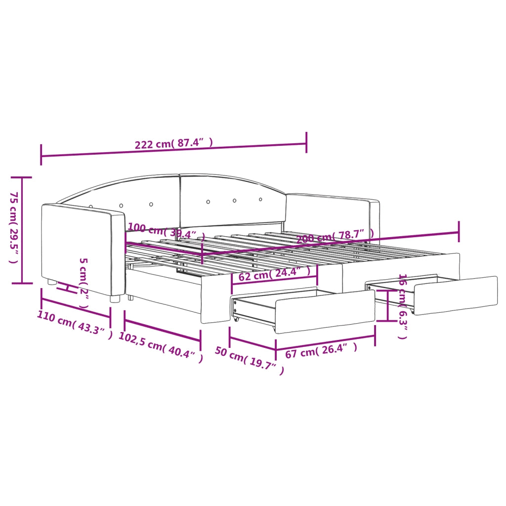 Divano Letto Estraibile con Cassetti-Sofa Letto-Daybed Rosa 100x200 cm Velluto 536122