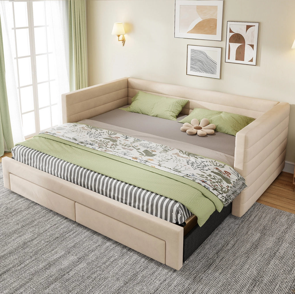 Letto imbottito 3-in-1 con 2 cassetti; divano e letto estraibile 90x190/180x190 cm; beige