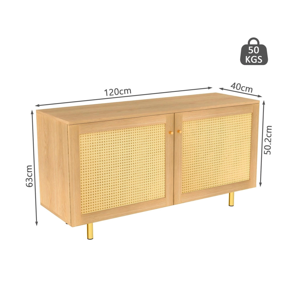 Credenza a due ante con rattan intrecciato in MDF naturale con ripiano interno e gambe in metallo dorato