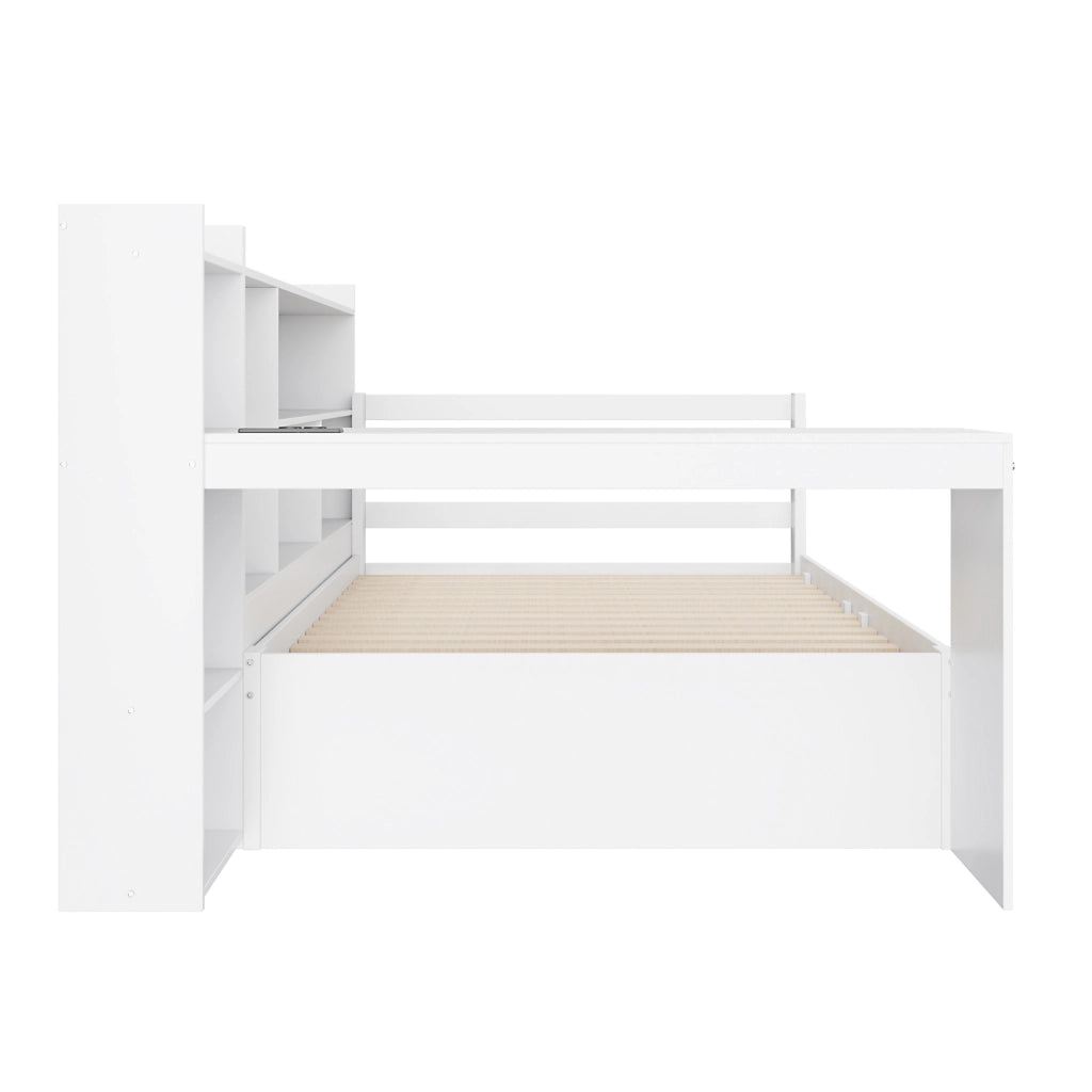Letto multifunzione 90x200 cm in legno bianco con letto estraibile, scrivania e prese USB